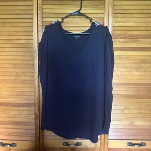 Lane Bryant Navy Short-Sleeve V-Neck Top with Shoulder Trim